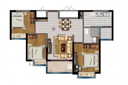 B2户型， 3室2厅1卫1厨， 建筑面积约95.20平米-95㎡