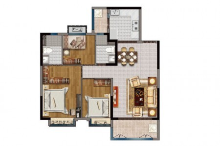 C4户型， 3室2厅2卫1厨， 建筑面积约115.03平米-115㎡