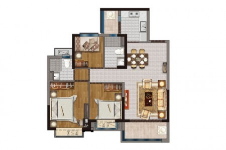 C1户型， 3室2厅2卫1厨， 建筑面积约101.00平米-101㎡
