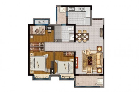 B3户型， 3室2厅1卫1厨， 建筑面积约100.57平米-100㎡
